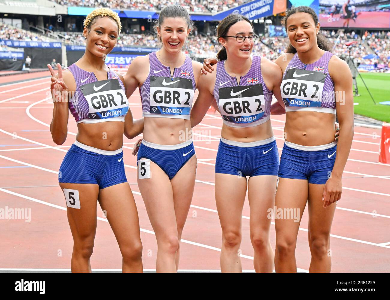 Londres, Royaume-Uni. 23 juillet 2023. London Stadium, Queen Elizabeth Park, Londres, Royaume-Uni le 23 2023 juillet. 4x100m Relay Women, 4e place équipe GBR 2, (G-D) Cassie-Ann PEMBERTON, Amy HUNT, A BELL, Aleeya SIBBONS lors de la Wanda Diamond League London Athletics Meet au London Stadium, Queen Elizabeth Park, Londres, Royaume-Uni le 23 2023 juillet. Crédit photo : Francis Knight/Alamy Live News Banque D'Images