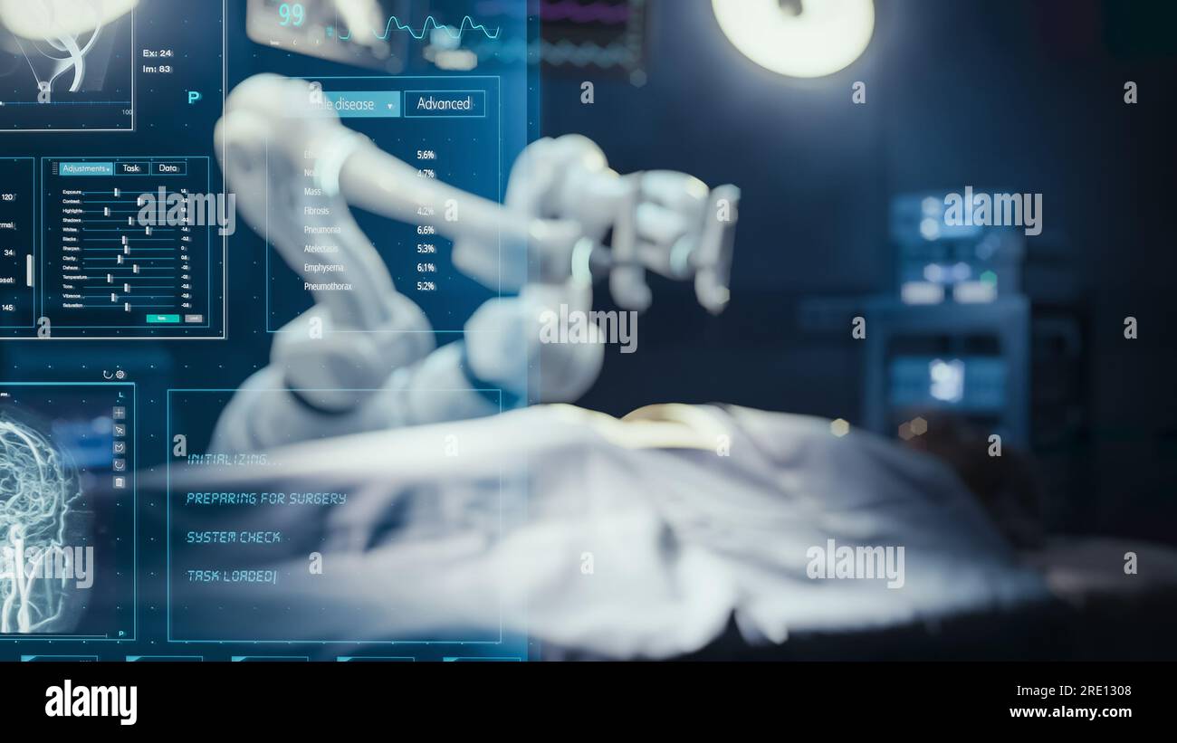 Hôpital moderne : patient de chirurgie reposant sur la table chirurgicale tandis que les bras de robot effectuant la nanochirurgie de haute précision. Robotique automatisée et programmable Banque D'Images