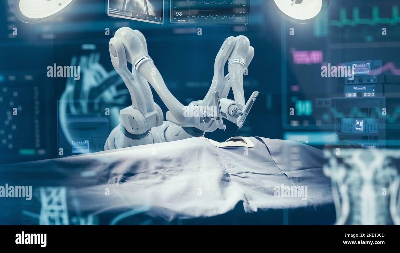 Chirurgien portant des casques AR et utilisant des bras robotiques télécommandés de haute précision pour opérer sur le patient à l'hôpital. Docteur contrôlant les membres robotiques Banque D'Images