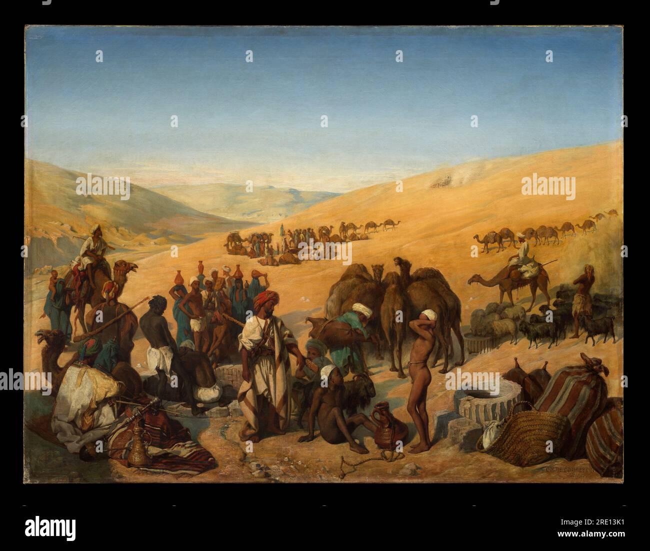 Halte des caravanes aux puits de Saba (Beersheba) dans le désert au sud d'Hébron. Charles de Coubertin. 1850. Banque D'Images
