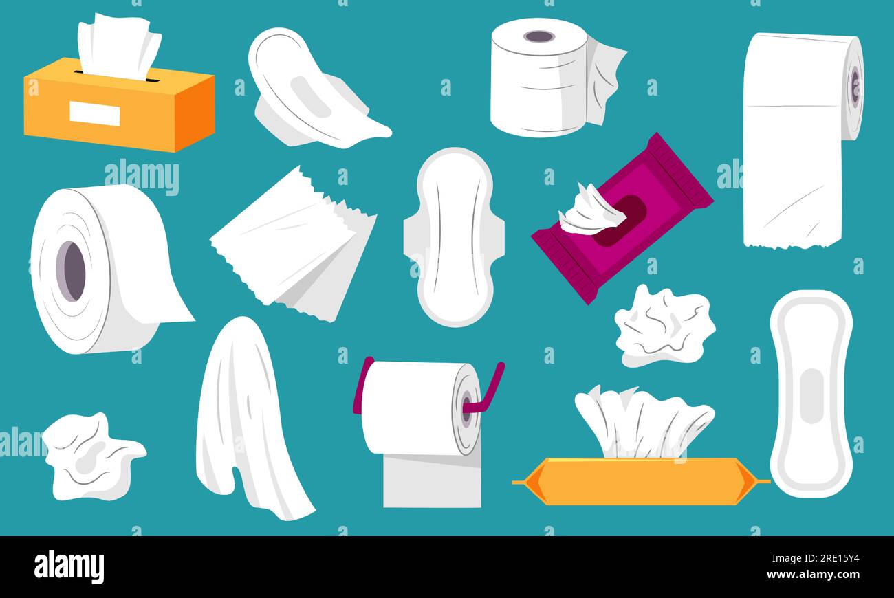 Collecte de papier mouchoirs. Rouleau de papier avec des tissus humides et secs, boîte de serviettes propres, produits d'hygiène quotidienne style plat de dessin animé. Ensemble isolé de vecteur Illustration de Vecteur
