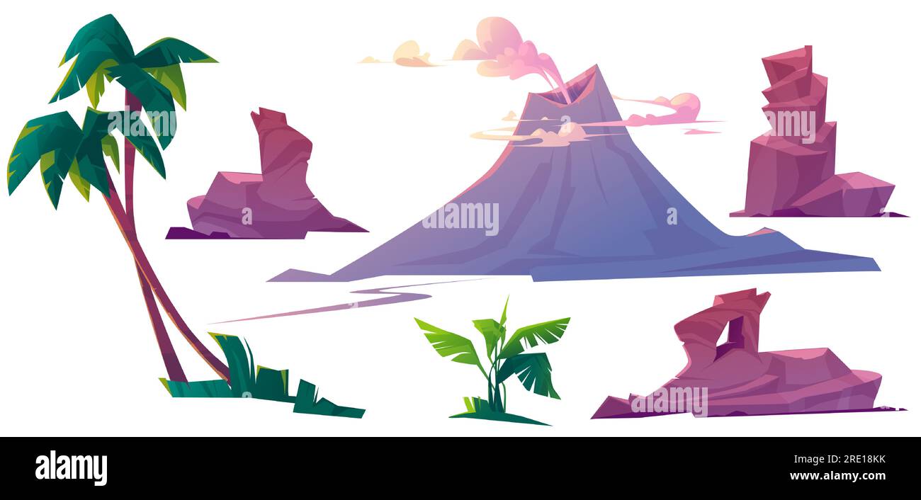 Volcan avec fumée, rochers et palmiers isolés sur fond blanc. Ensemble de dessin animé vectoriel d'éruption volcanique, montagne avec cratère fumant, plantes tropicales et pierres Illustration de Vecteur
