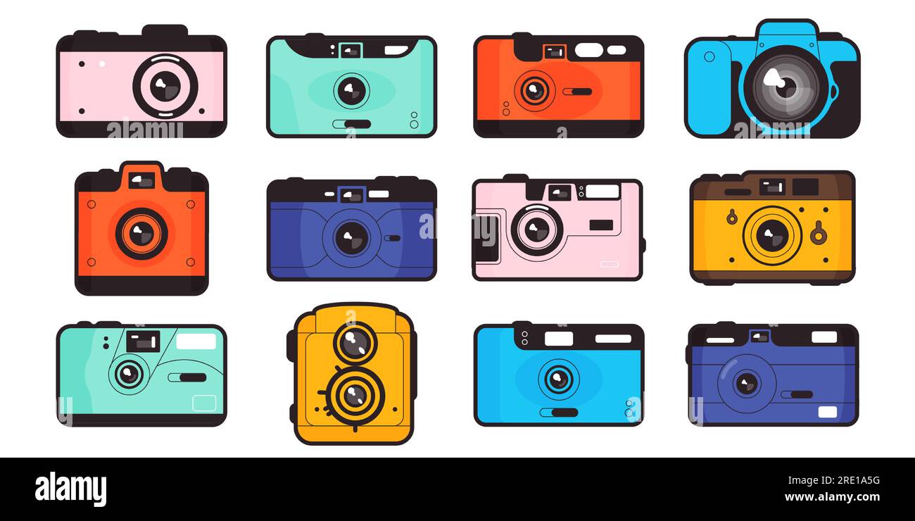 Appareil photo vintage. Ancien équipement mécanique analogique pour prendre des photos, caméra studio rétro avec objectif. Ensemble vectoriel plat Illustration de Vecteur