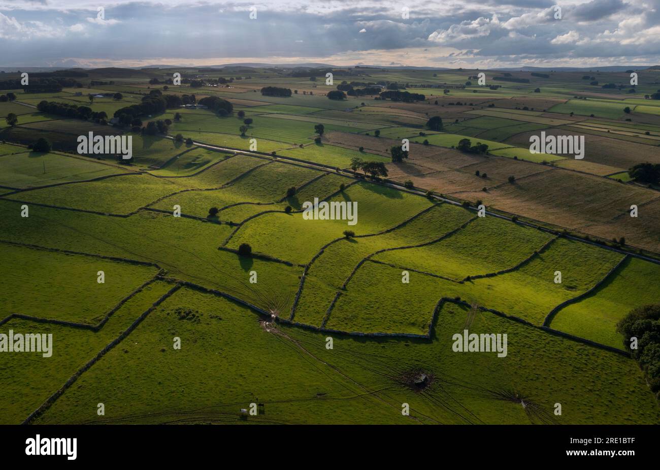 Vues de drone sur le paysage du district de Derbyshire Peak près de Monyash montrant le cloisonnement du champ de mur de pierre sèche Banque D'Images