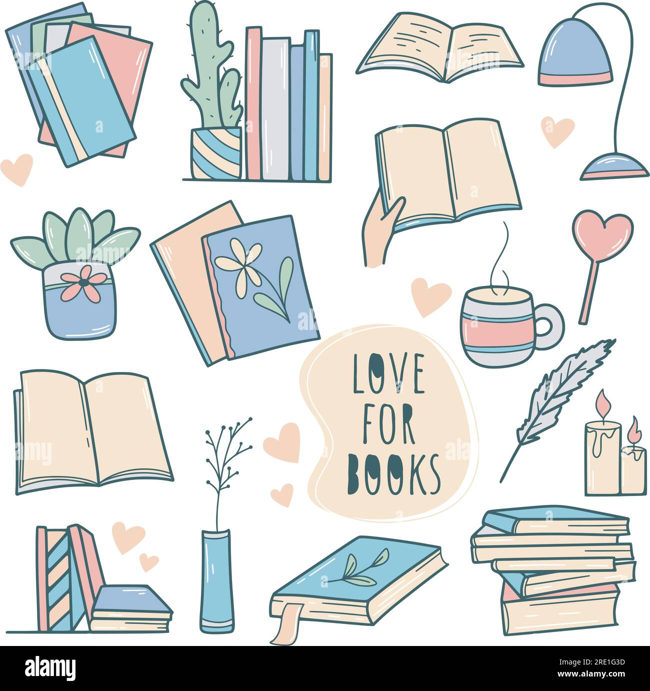 Ensemble de livres dessinés à la main. Concept d'amour pour les livres. Lecture de croquis de style doodle. Passe-temps lecture simple icône de ligne, illustration vectorielle isolée Illustration de Vecteur