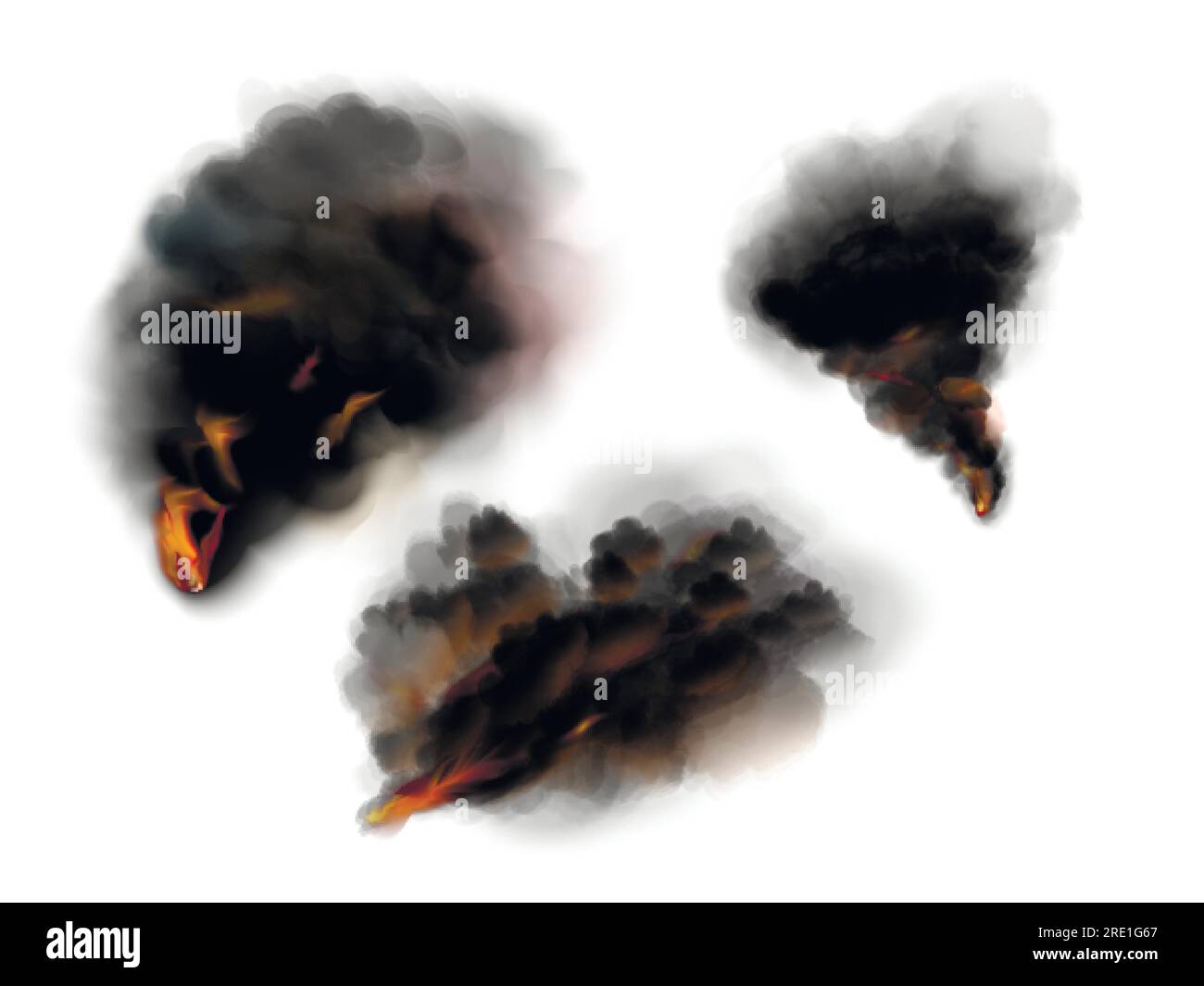 Fumée noire réaliste. Échappement de CO2 ou nuages sombres avec le feu de l'horreur de l'explosion de guerre, brûlant effet lisse feu de camp brûler le smog de brouillard naturel dans le ciel, illustration vectorielle exacte 3d de la combustion noire Illustration de Vecteur