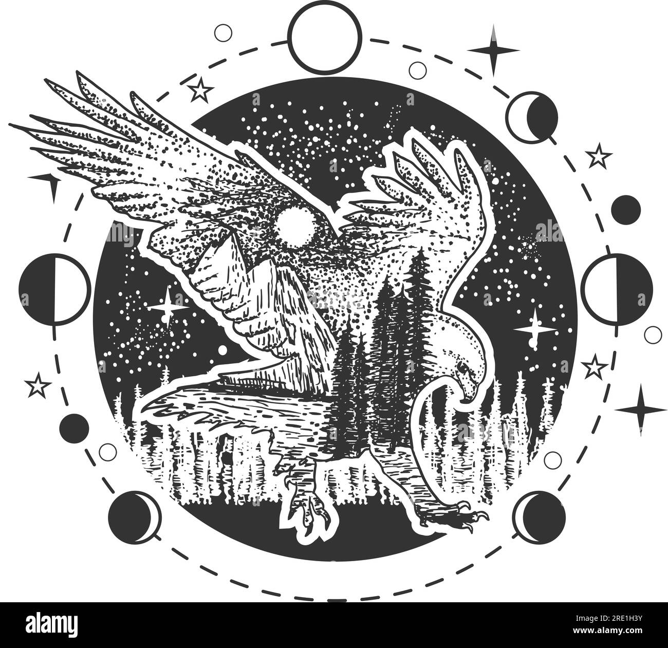 Silhouette d'aigle sauvage sur l'oiseau de style Boho de forêt de nuit Illustration de Vecteur