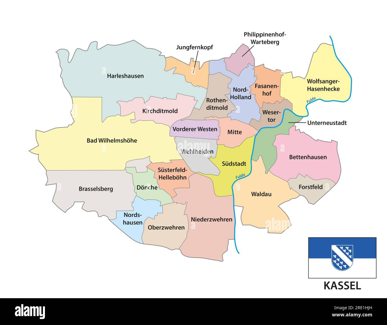 Carte vectorielle administrative de la ville de Kassel dans le nord de la Hesse, Allemagne Banque D'Images