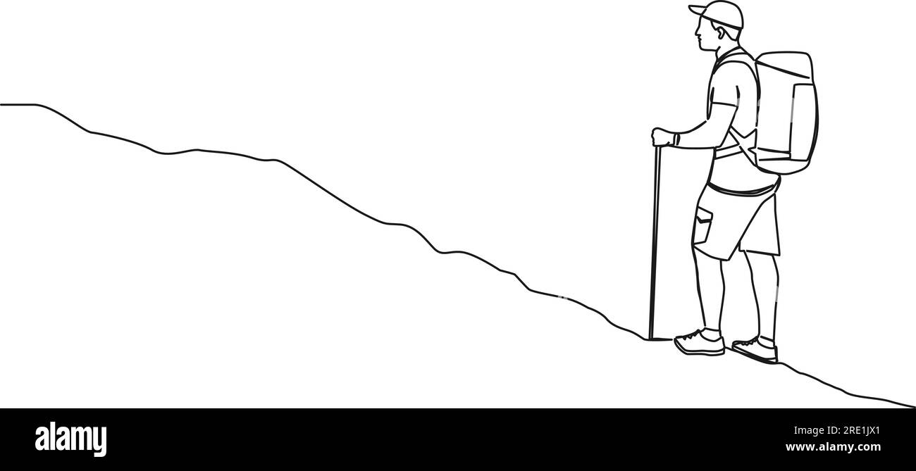 dessin continu à une seule ligne de l'homme avec bâton de trekking et sac à dos randonnée vers le haut de la montagne, illustration vectorielle d'art de ligne Illustration de Vecteur