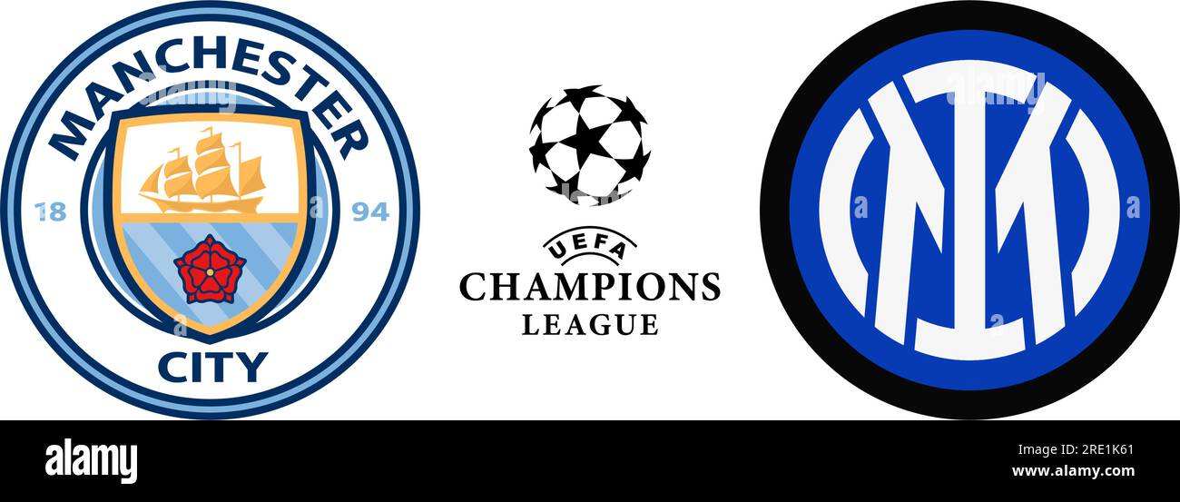 Vinnitsa, Ukraine - 22 mai 2023 : football Manchester City vs Inter club icons.League of champions. Illustration éditoriale vectorielle Illustration de Vecteur