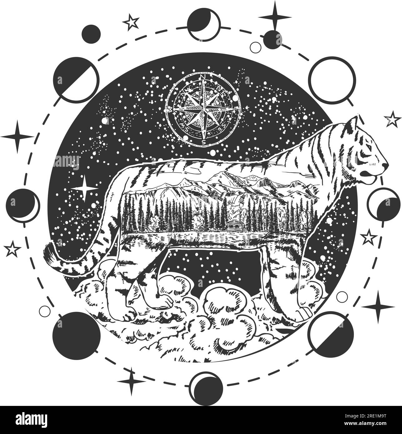 Illustration vectorielle de logo spirituel tigre dans le style Boho Illustration de Vecteur