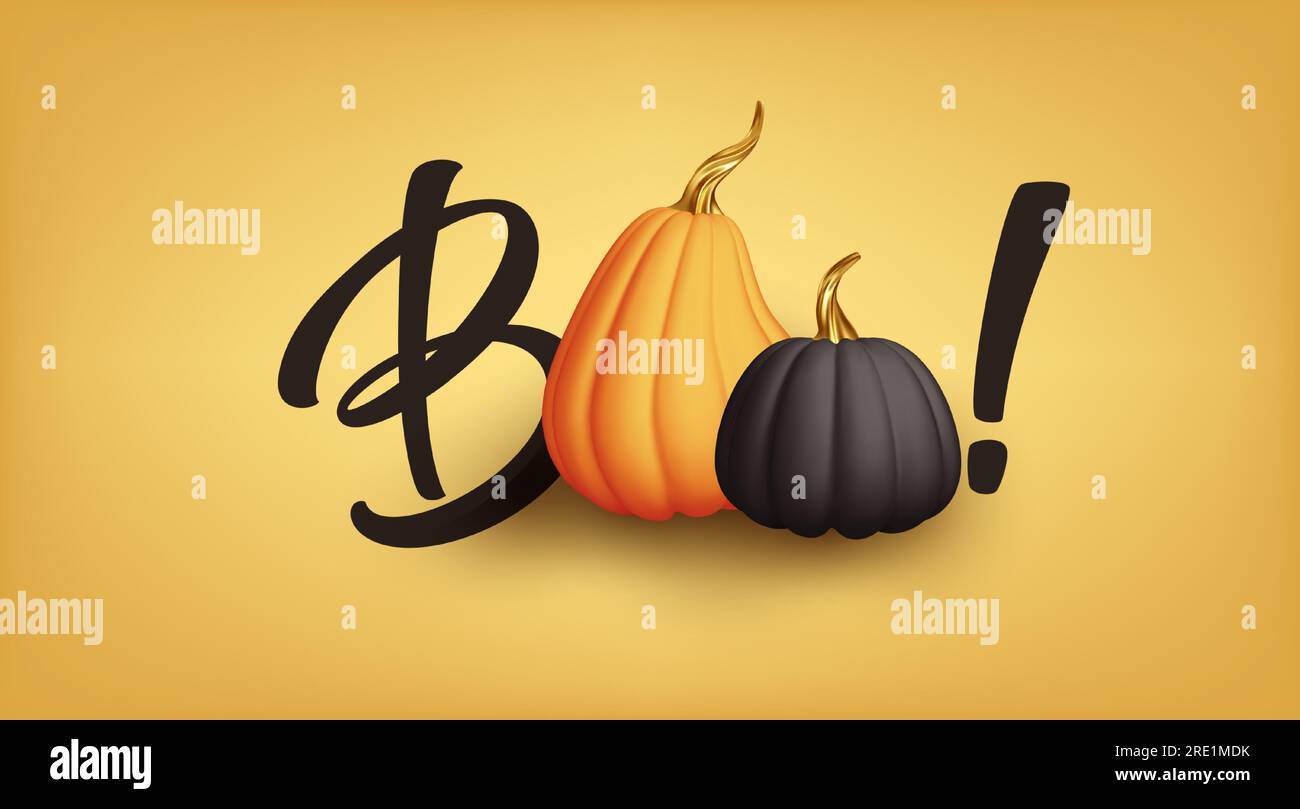 Illustration d'Halloween festive réaliste 3d. Mot Boo, citrouilles d'Halloween orange et noires. Illustration vectorielle Illustration de Vecteur