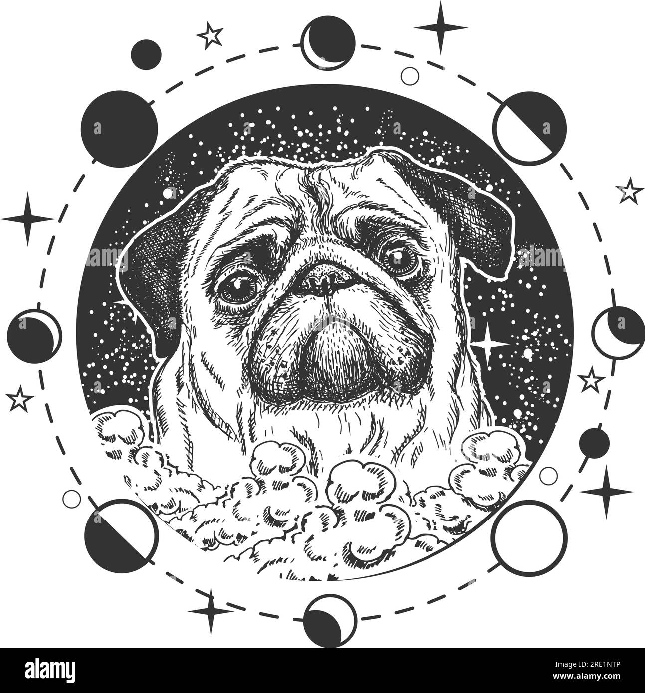 Tête de chien mignon chiot sur fond de ciel nuageux dans le style Boho Illustration de Vecteur