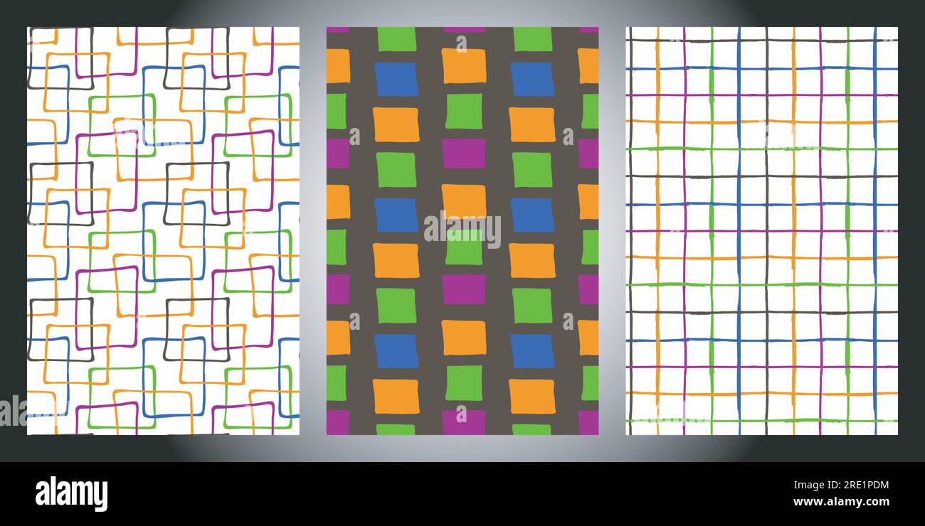 Motifs sans couture géométriques de ligne Doodle, jeu de 3. trait de pinceau dessiné à la main, formes carrées, modèles à carreaux. Palette de couleurs Halloween Illustration de Vecteur