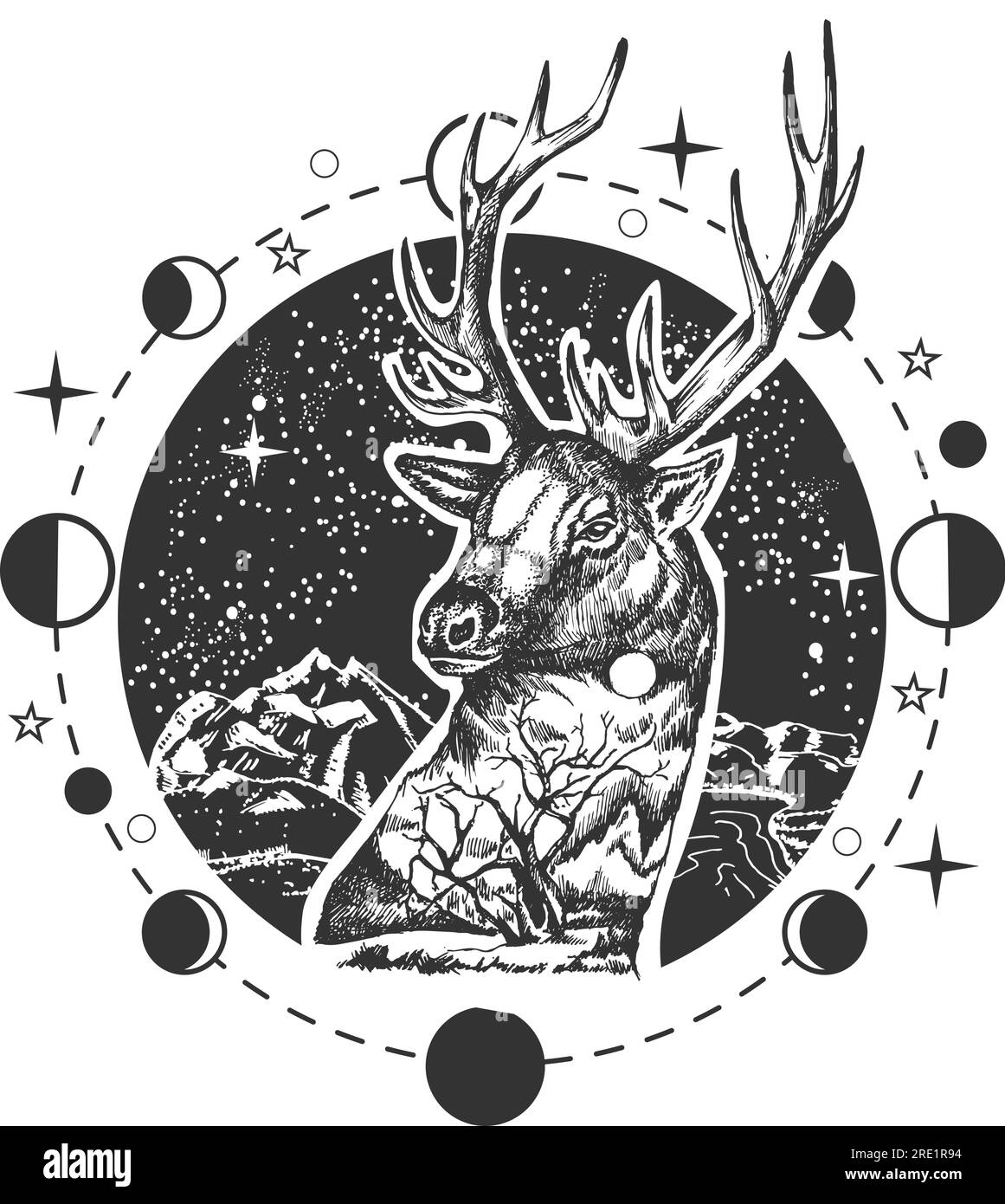 Belle tête de renne à cornes au-dessus des collines de montagne symbole animal Boho Illustration de Vecteur