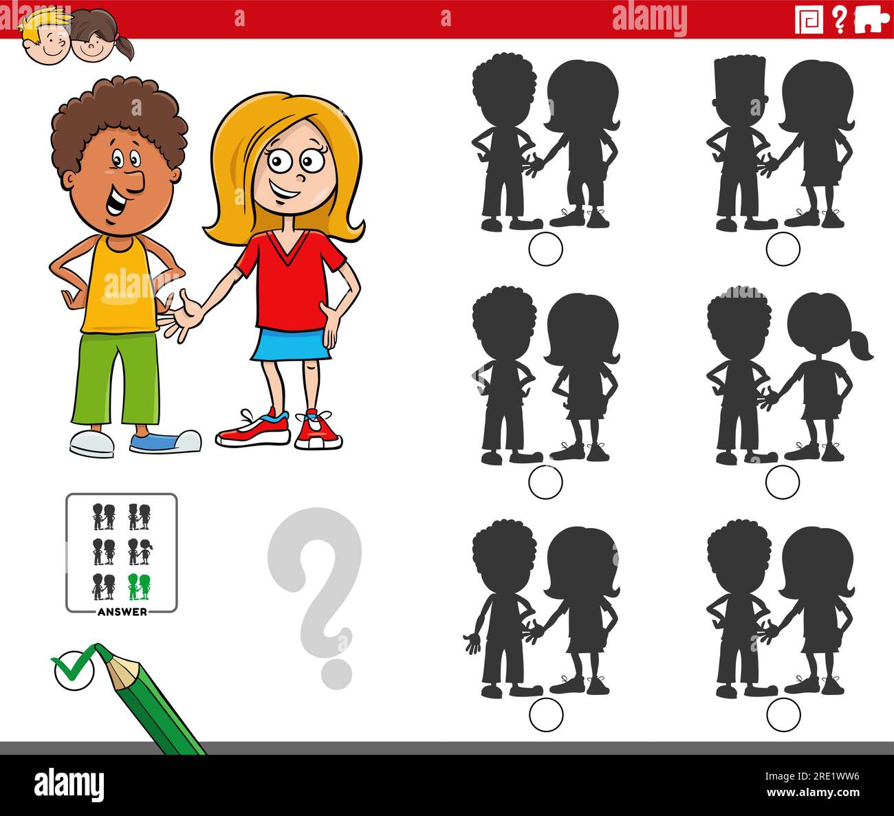 Illustration de dessin animé de trouver l'ombre sans différences tâche éducative avec des personnages de fille et de garçon Illustration de Vecteur