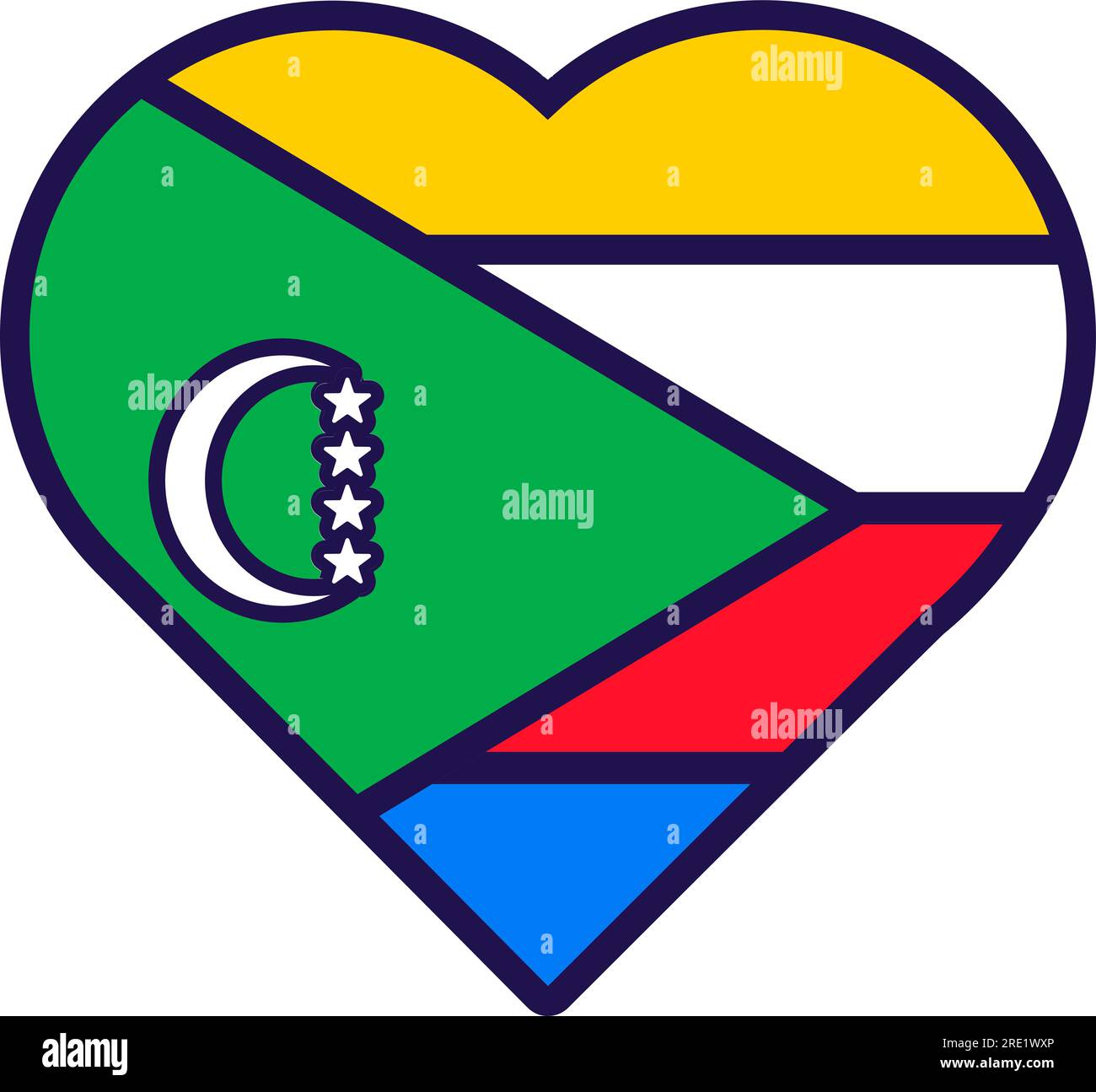 Cœur patriote dans les couleurs du drapeau des îles Comores nationales. Élément festif, attributs de la fête de l'indépendance des Comores. Icône vectorielle de dessin animé aux couleurs nationales Illustration de Vecteur