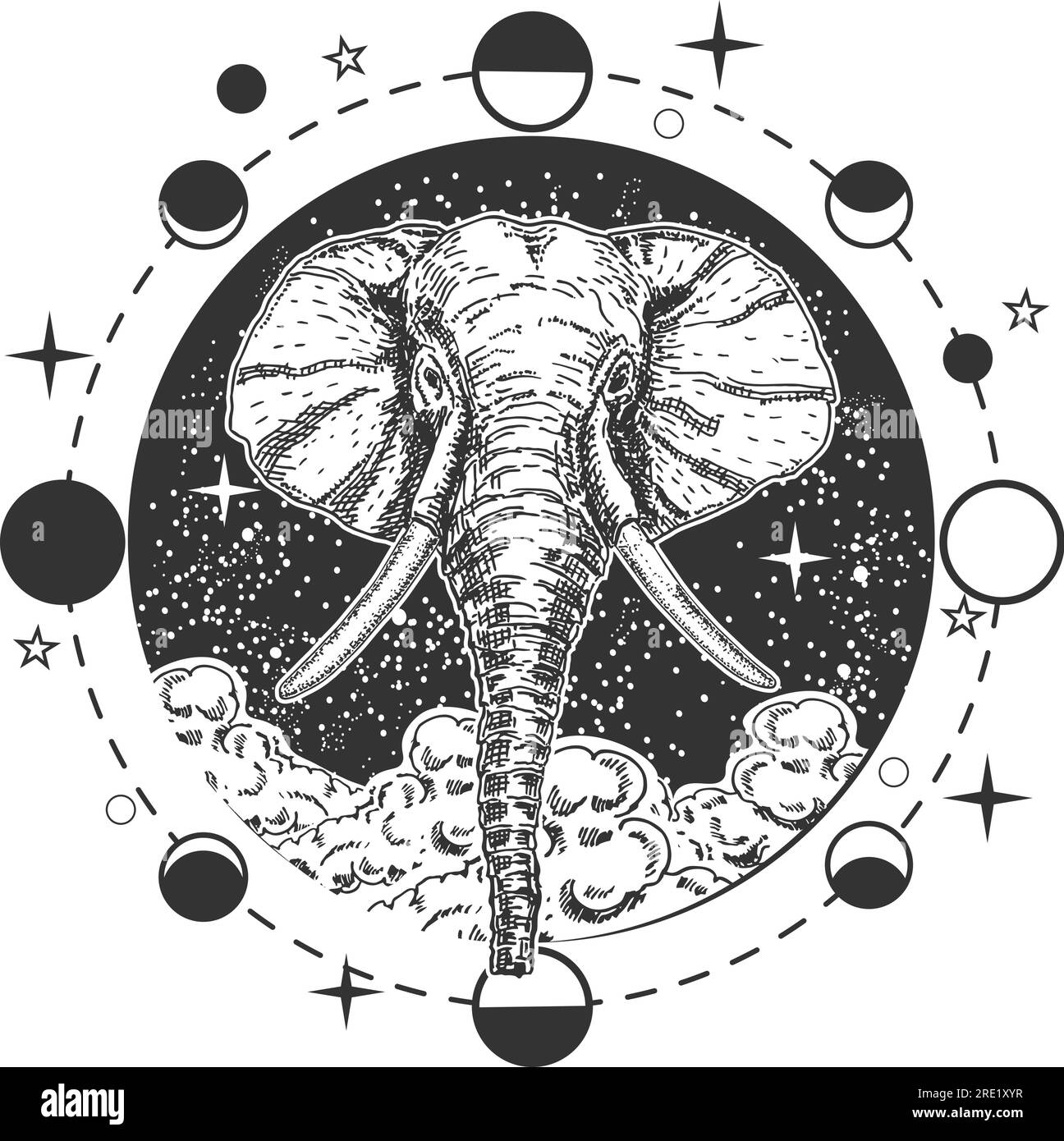 Tête d'éléphant sur fond de ciel nuageux étoilé dans le style Boho Illustration de Vecteur