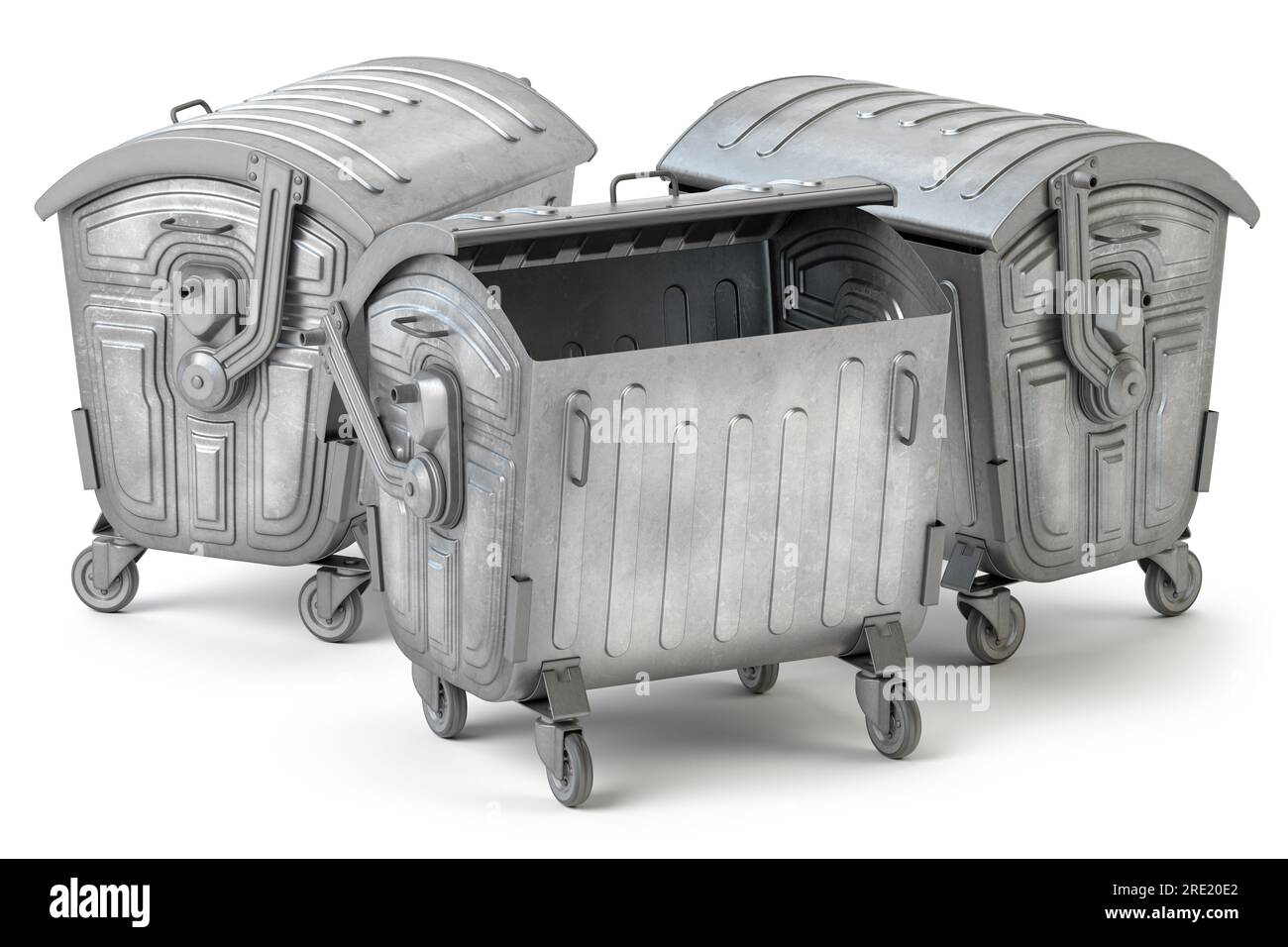 Contaners à ordures métalliques ou poubelle isolée sur blanc. illustration 3d. Banque D'Images