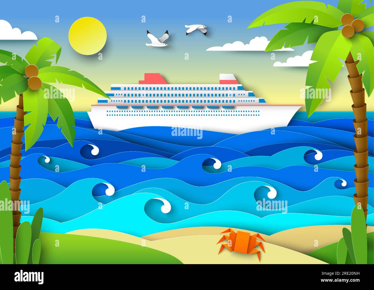 Voyage en mer sur l'illustration vectorielle de paquebot de croisière de luxe dans le style de papier découpé Illustration de Vecteur