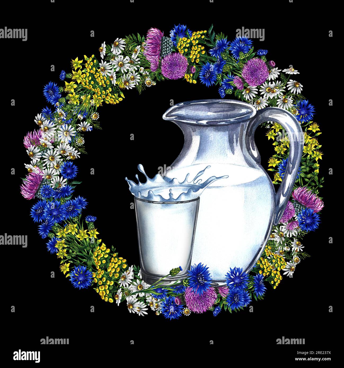 Carafe et un verre de lait. La composition est décorée d'une couronne de fleurs sauvages. Illustration à l'aquarelle dessinée à la main. Sur fond noir. Pour Banque D'Images