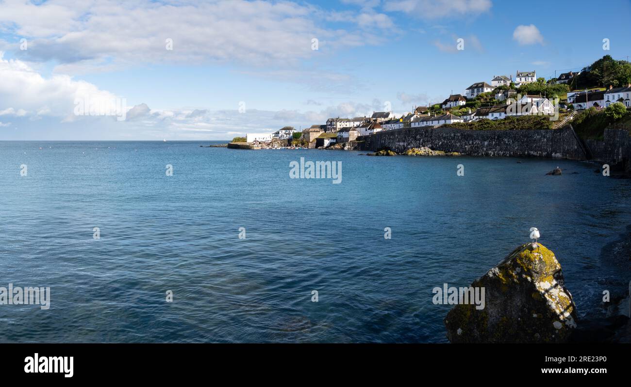 Vue sur le paysage de la baie d'eau au pittoresque village de pêcheurs cornouaillais et port de Coverack en Cornouailles Banque D'Images