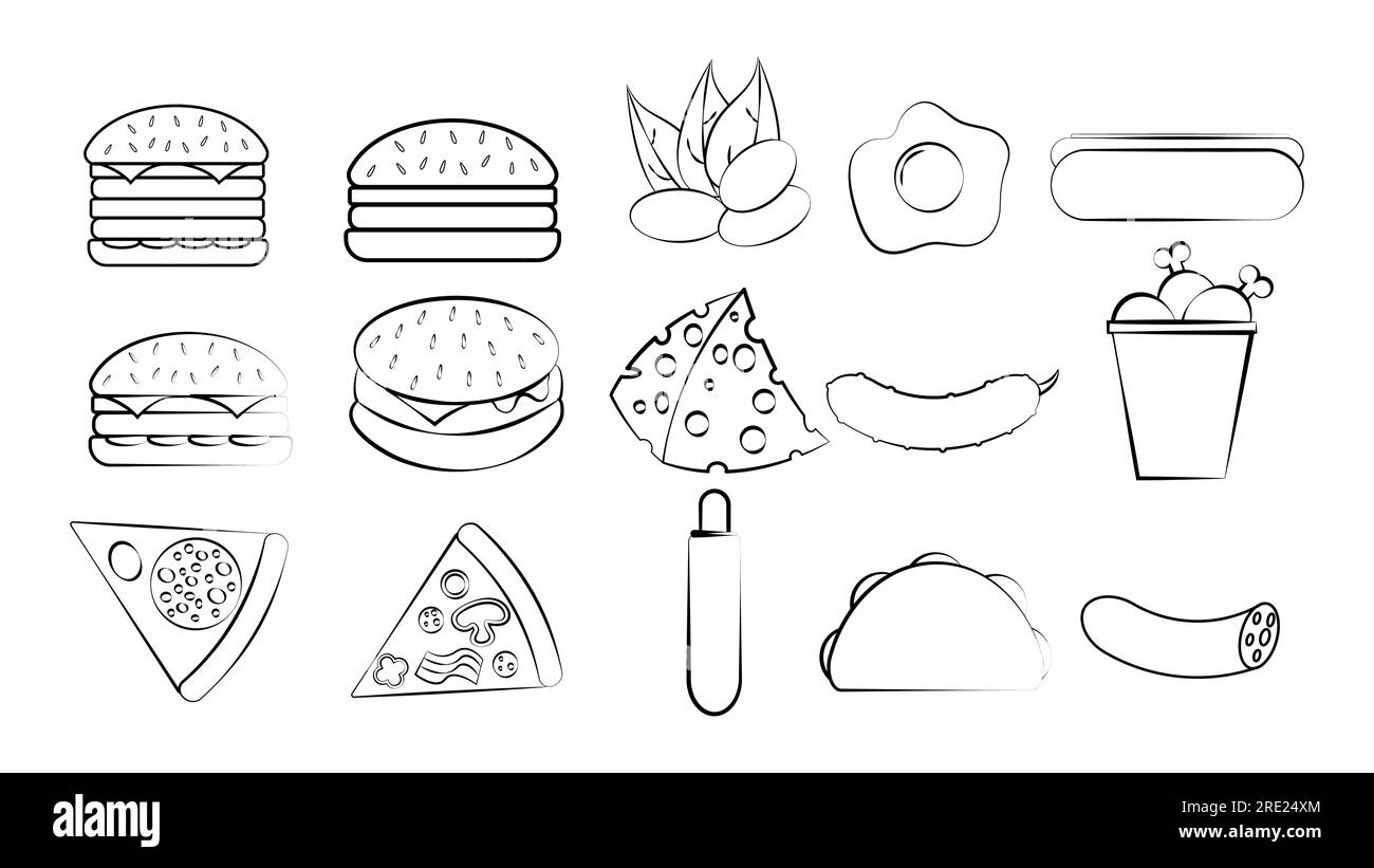 Ensemble noir et blanc de 15 icônes de nourriture et de snack pour le restaurant bar café : hamburgers, noix, pizza, fromage, hot dog, burinno, poulet. L'arrière-plan. Illustration de Vecteur