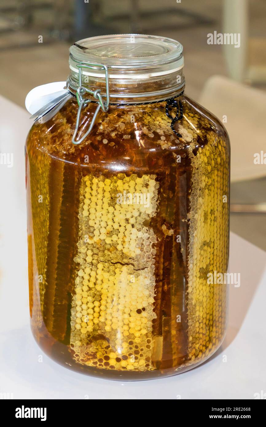 Miel biologique naturel avec peigne de miel en pot en verre vendu sur le marché Banque D'Images