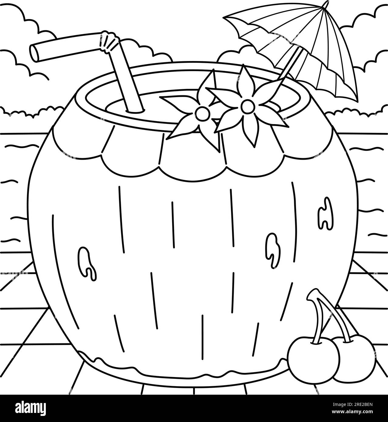 Page de coloriage d'été de boisson de noix de coco pour les enfants Illustration de Vecteur