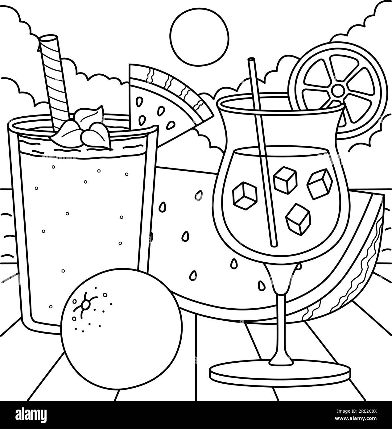 Page de coloriage été cocktail et shake aux fruits Illustration de Vecteur