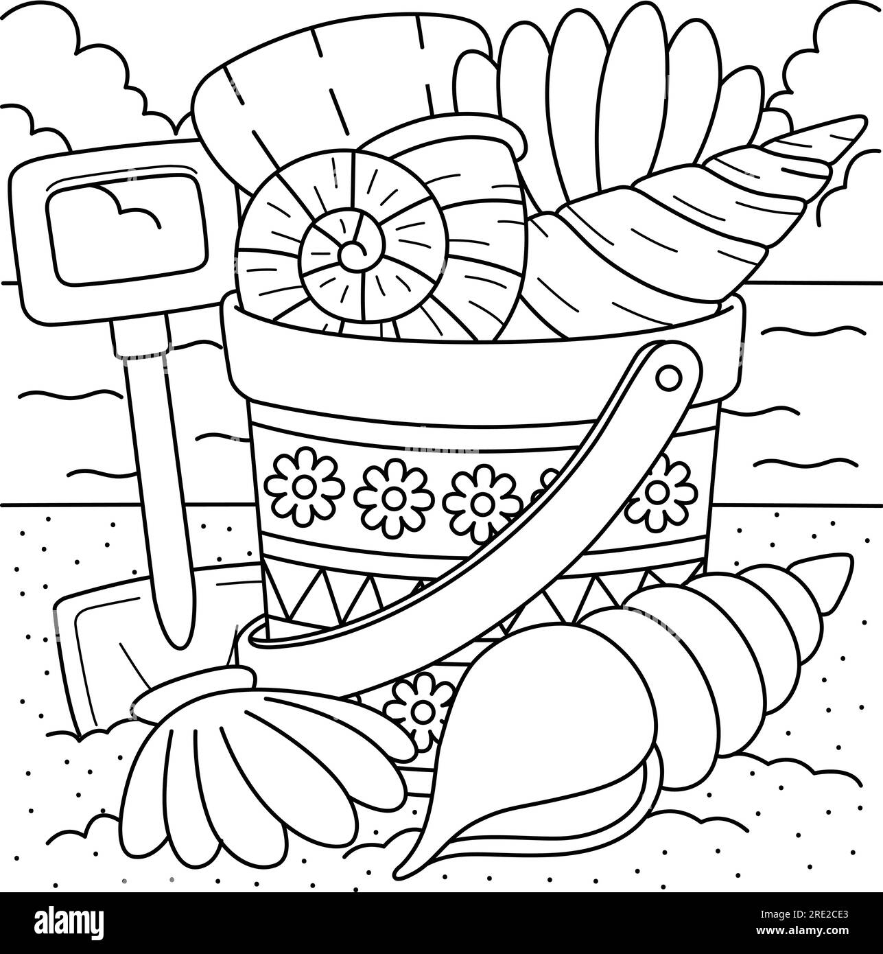 Seau de Seashells page de coloriage d'été pour les enfants Illustration de Vecteur