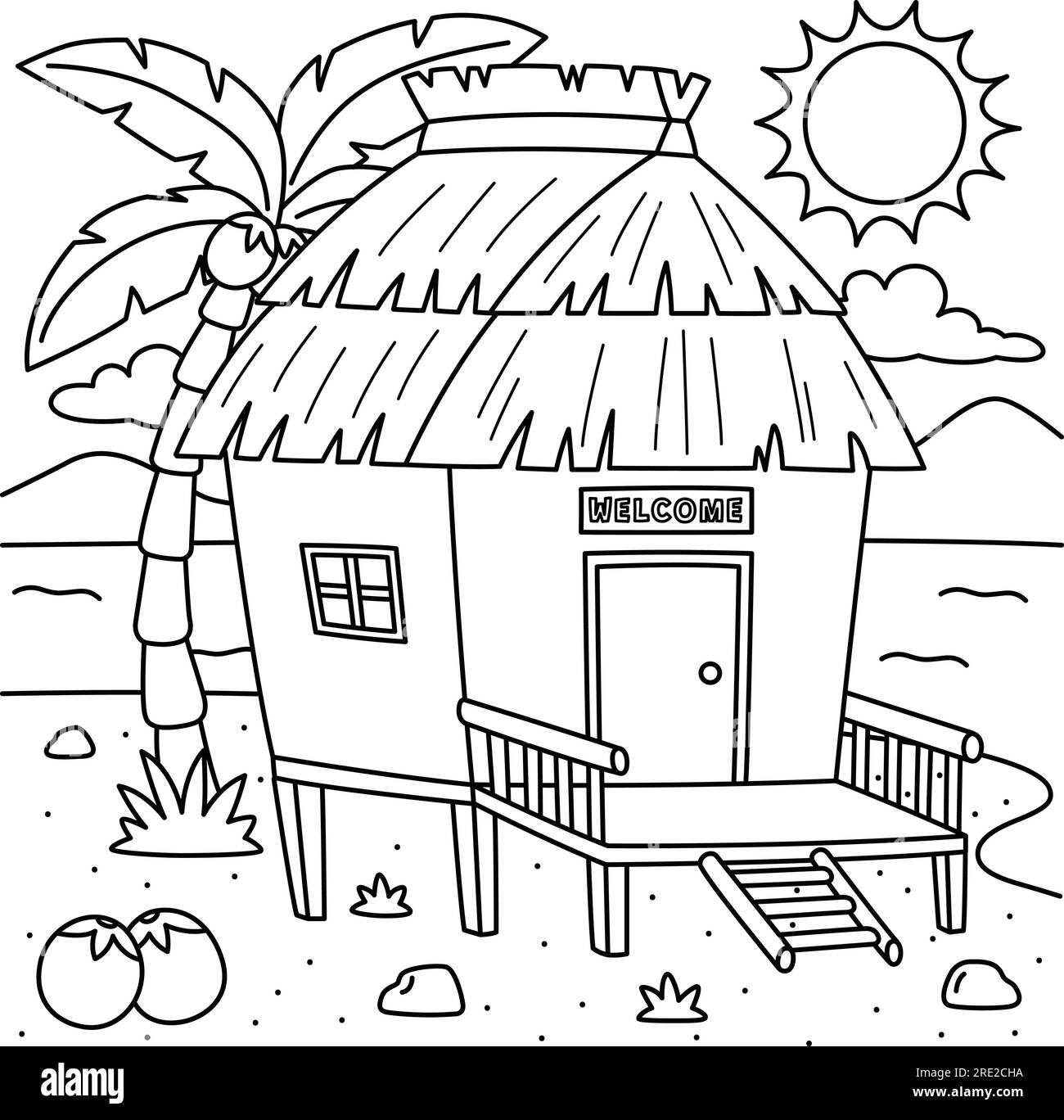 Page de coloriage d'été Nipa Hut pour les enfants Illustration de Vecteur