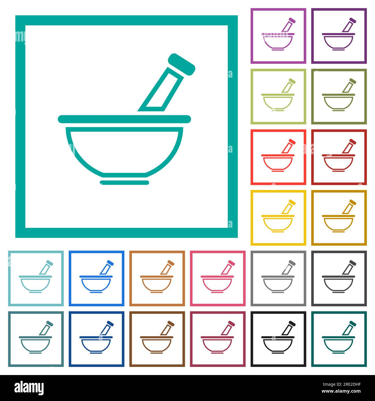 Mortier et pilon contour des icônes de couleur plate avec des cadres de quadrant sur fond blanc Illustration de Vecteur