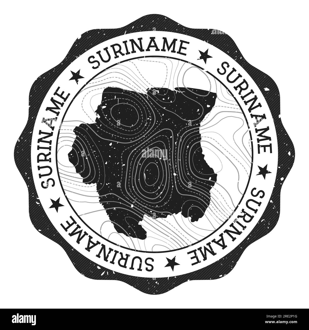 Timbre extérieur Suriname. Autocollant rond avec carte du pays avec isolines topographiques. Illustration vectorielle. Illustration de Vecteur