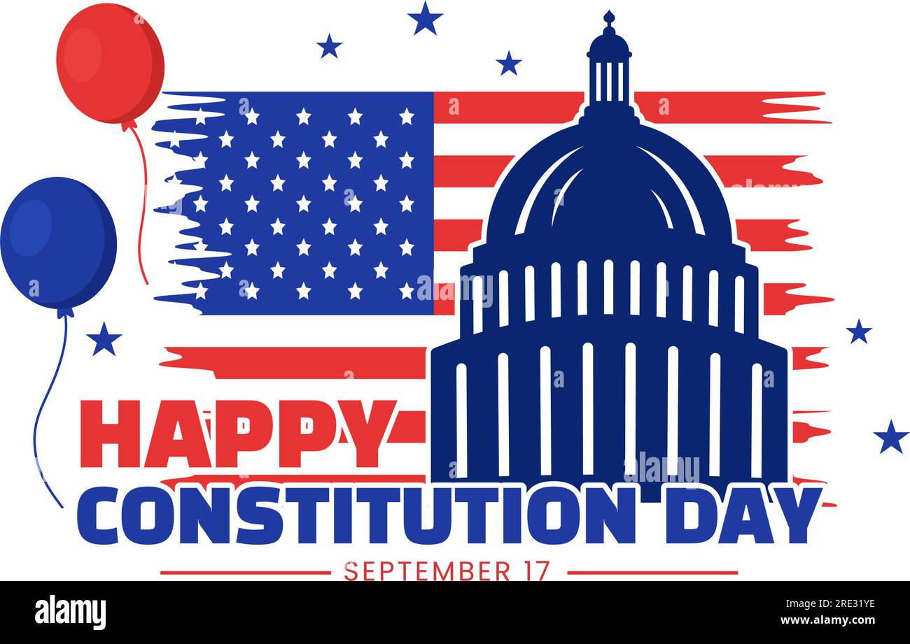 Joyeux jour de la Constitution des États-Unis Illustration vectorielle le 17 septembre avec fond de drapeau ondulant américain et modèles de bâtiment du Capitole Illustration de Vecteur