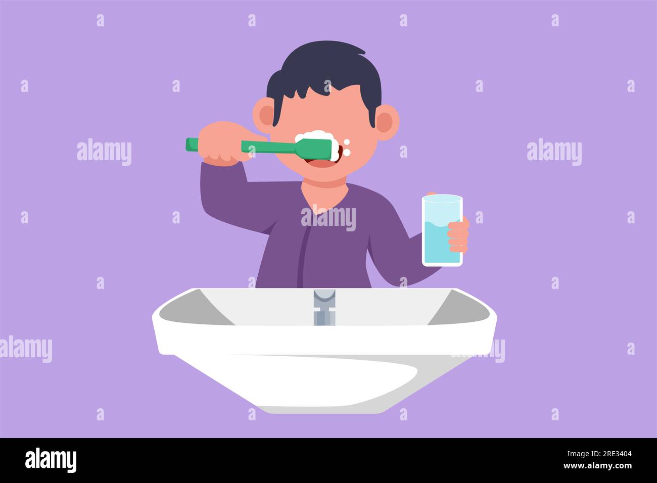 Dessin de conception plate graphique de petit garçon se brossant les dents dans l'évier. Les habitudes de routine des enfants chaque matin pour la propreté, la santé, et la fraîcheur de Banque D'Images