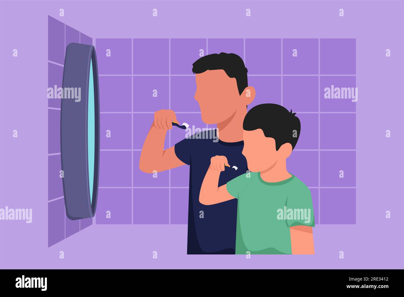 Design plat graphique dessinant heureux père et fils tenant des brosses à dents et se brossant les dents tout en regardant le miroir dans la salle de bain. Habitudes pour la santé de Banque D'Images