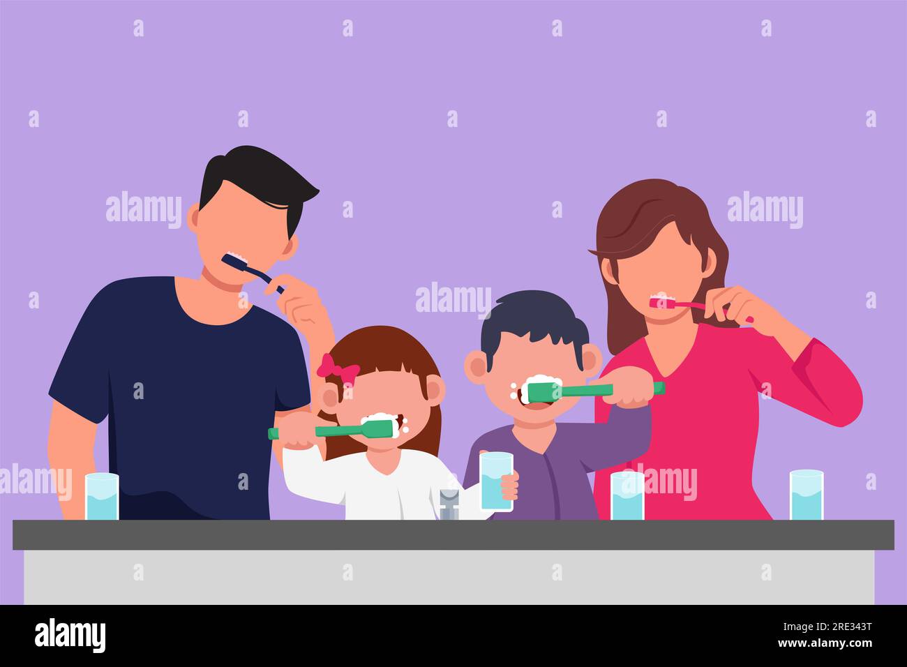 Dessin graphique plat de famille heureuse se brossant les dents ensemble avant le coucher. Habitudes de routine pour la propreté et la santé de la bouche et des dents Banque D'Images