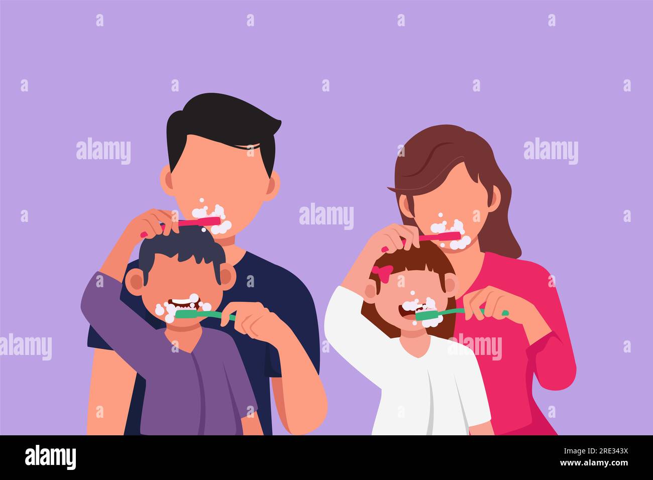 Dessin à plat de caractère d'enfants heureux et de parents se brossant les dents dans la salle de bain. Habitudes de routine pour l'hygiène bucco-dentaire. Sain Banque D'Images