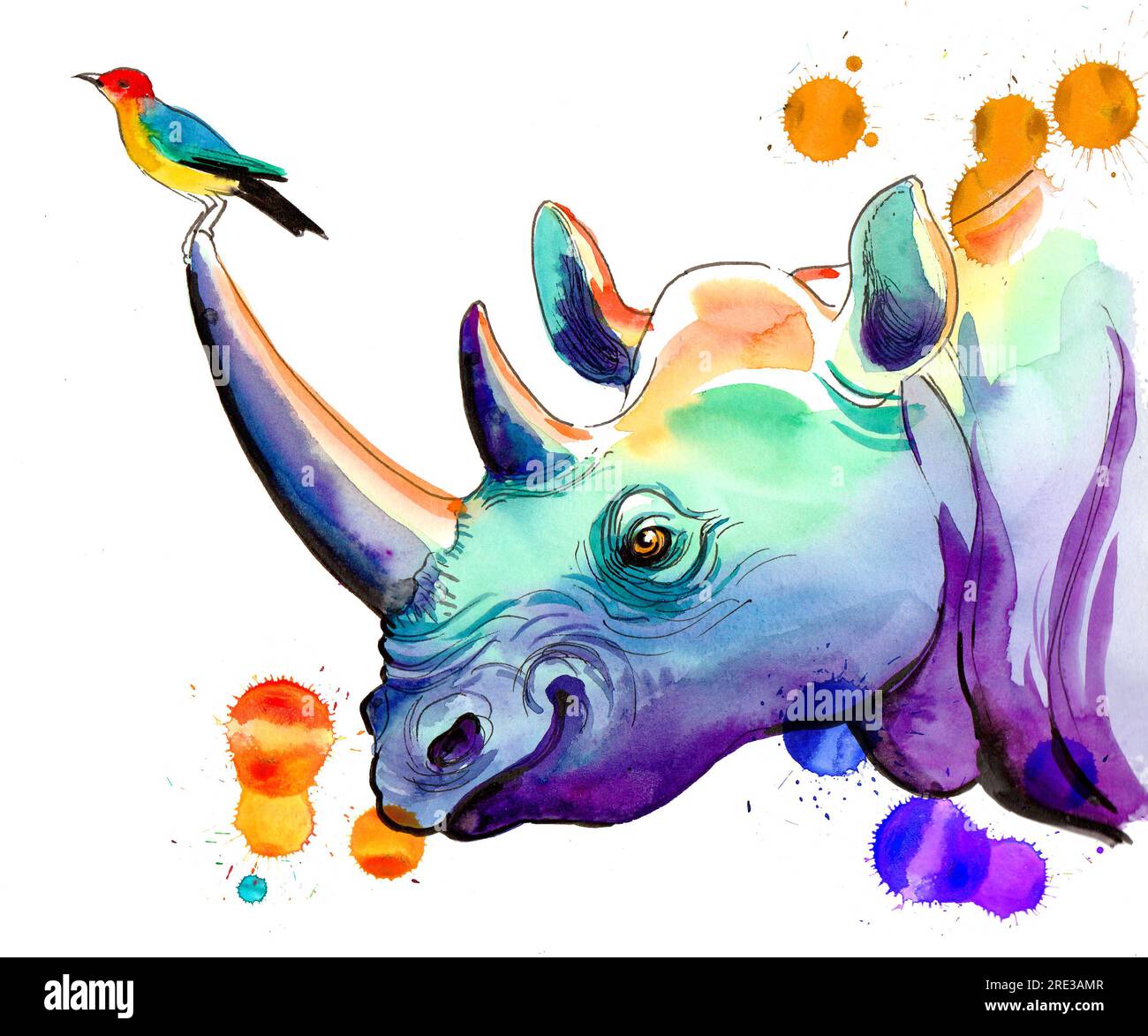 Rhinocéros coloré avec oiseau. Encre dessinée à la main et aquarelle sur papier Banque D'Images