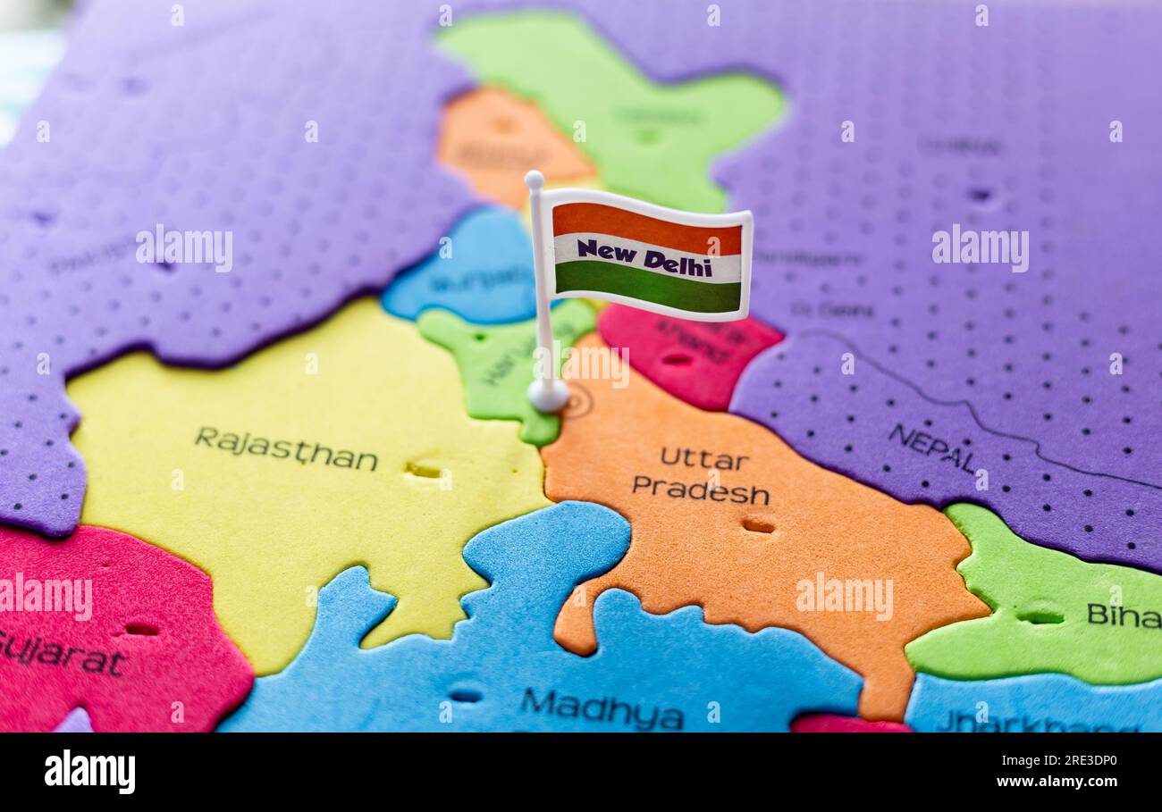 Accent sélectif sur New Delhi - la capitale de l'Inde sur une carte indienne Banque D'Images