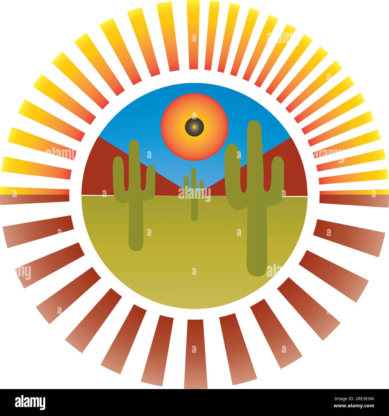 Un design circulaire classique inspiré du sud-ouest avec des cactus dans le désert avec des montagnes. Illustration de Vecteur Un design circulaire classique inspiré du sud-ouest avec des cactus dans le désert avec des montagnes. Illustration de Vecteur