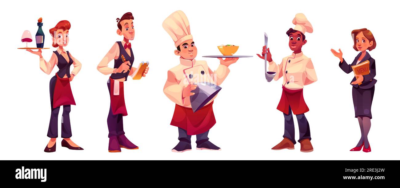 Chef de restaurant, cuisinier et serveur. Personnages d'ouvriers de cuisine en tablier et chapeau de chef, personnel de café professionnel, serveuse et gestionnaire avec menu, illustration de dessin animé vectoriel Illustration de Vecteur
