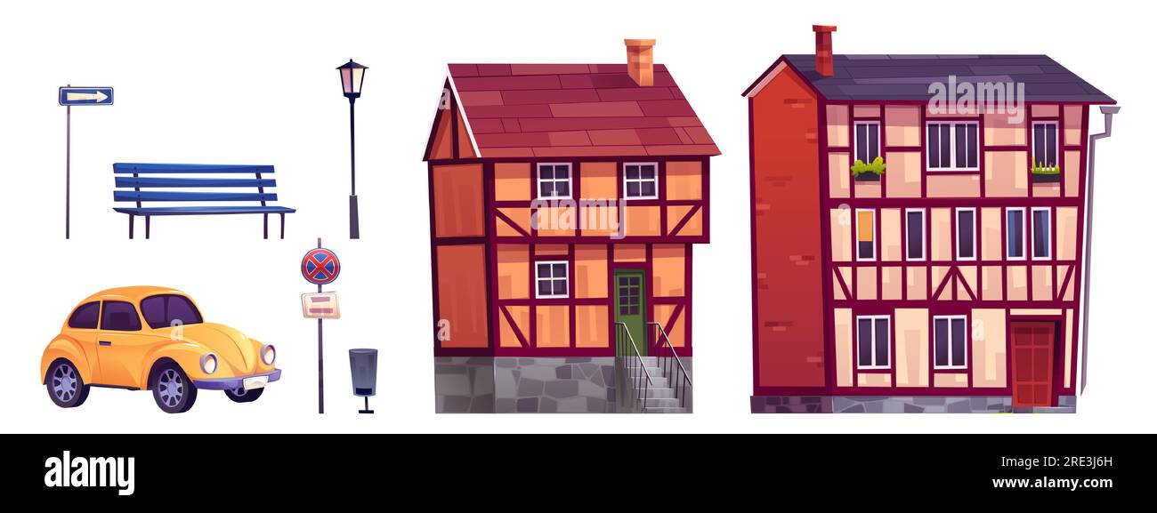 Ensemble de dessins animés d'anciens éléments de conception de rue de ville allemande. Illustration vectorielle de maisons à colombages traditionnelles, voiture rétro jaune, lanterne, banc, poubelle, panneau routier isolé sur fond blanc Illustration de Vecteur
