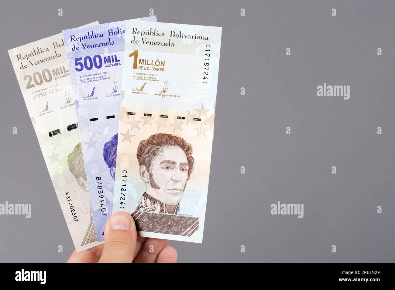 Argent vénézuélien - Bolivar dans la main sur un fond gris Banque D'Images