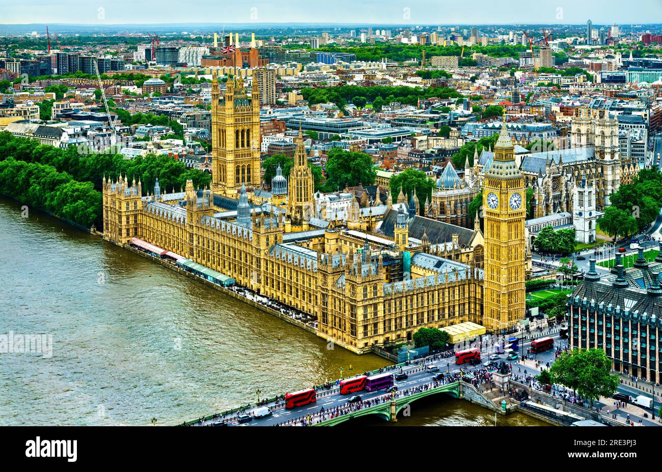 Vue aérienne du palais de Westminster, du pont de Westminster, de Big Ben et de la Tamise à Londres, en Angleterre Banque D'Images