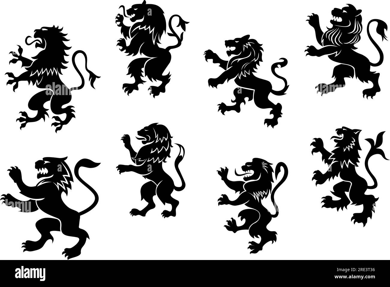 Lions noirs héraldiques royaux isolés sur blanc Illustration de Vecteur