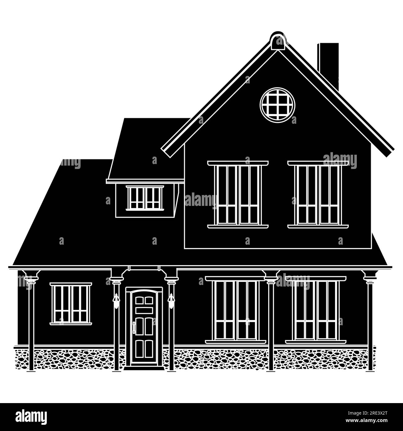 Silhouette noire de maison à deux étages avec porche isolé sur fond blanc. Clipart vectoriel. Illustration de Vecteur