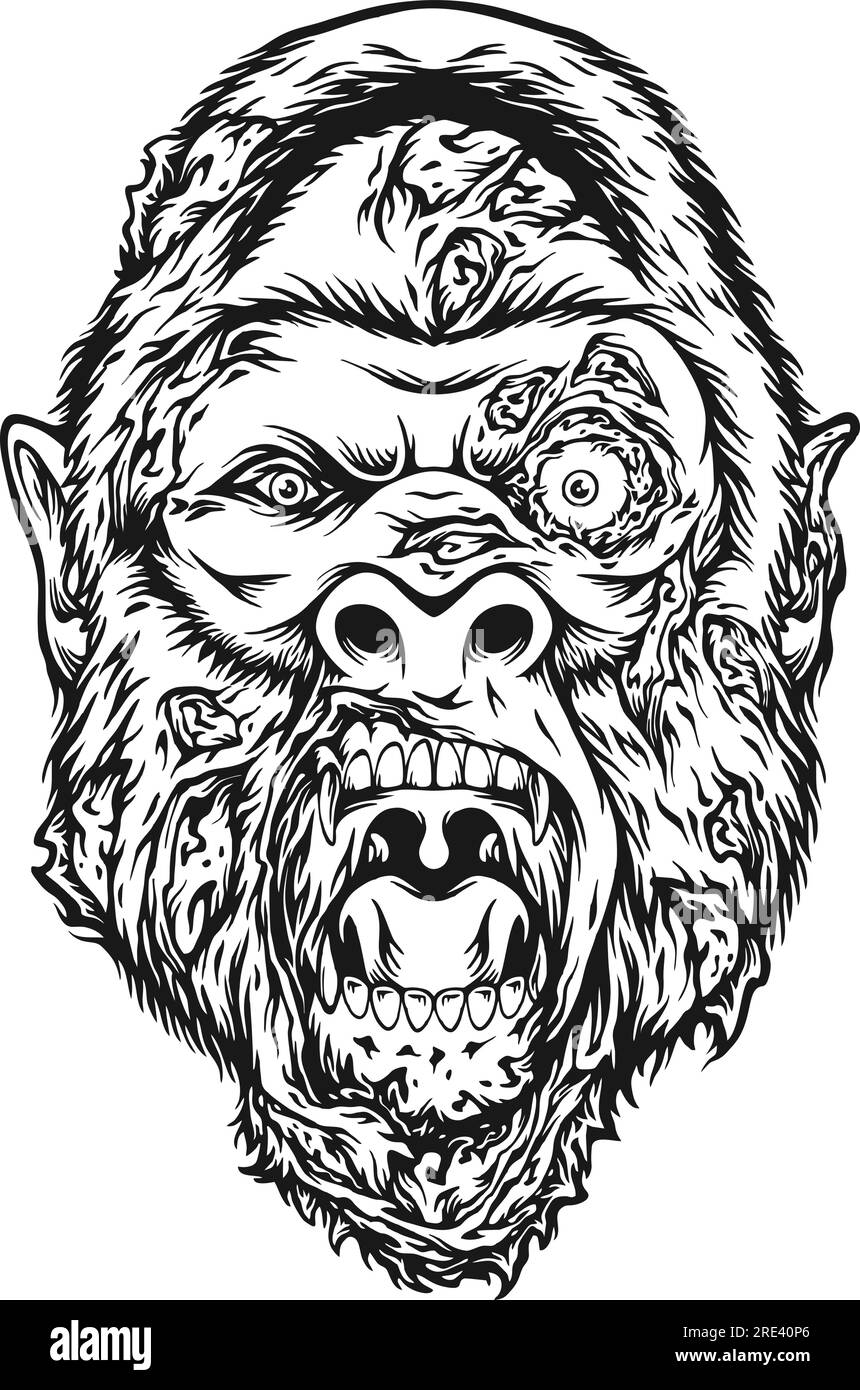 Peur effrayante tête de singe monstre zombie illustrations vectorielles monochromes pour votre logo de travail, t-shirt de marchandises, autocollants et dessins d'étiquettes, affiche, gre Illustration de Vecteur