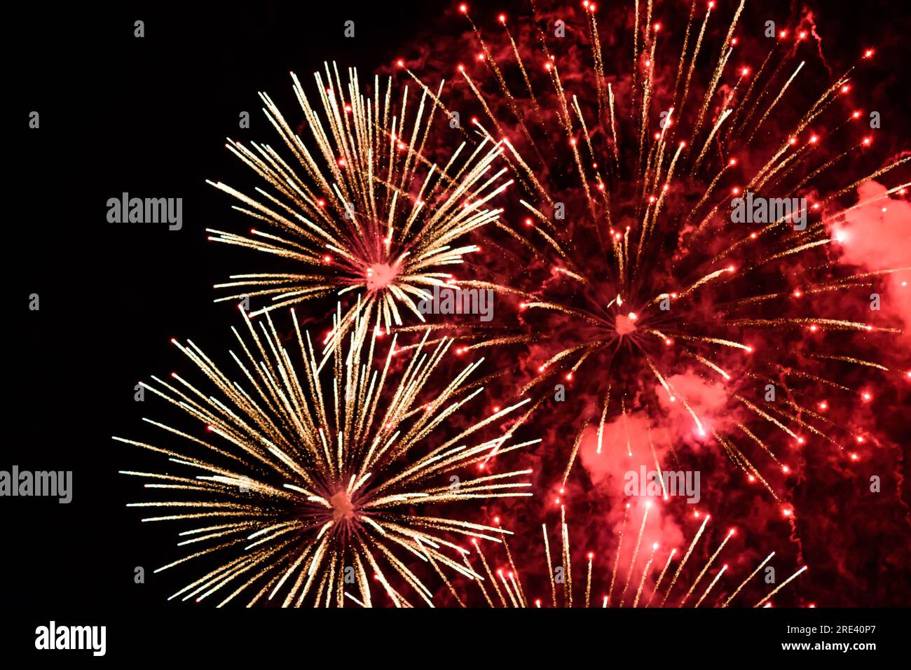 Les feux d'artifice en gros plan explosent dans le ciel avec un flou de mouvement sur un fond noir. Banque D'Images